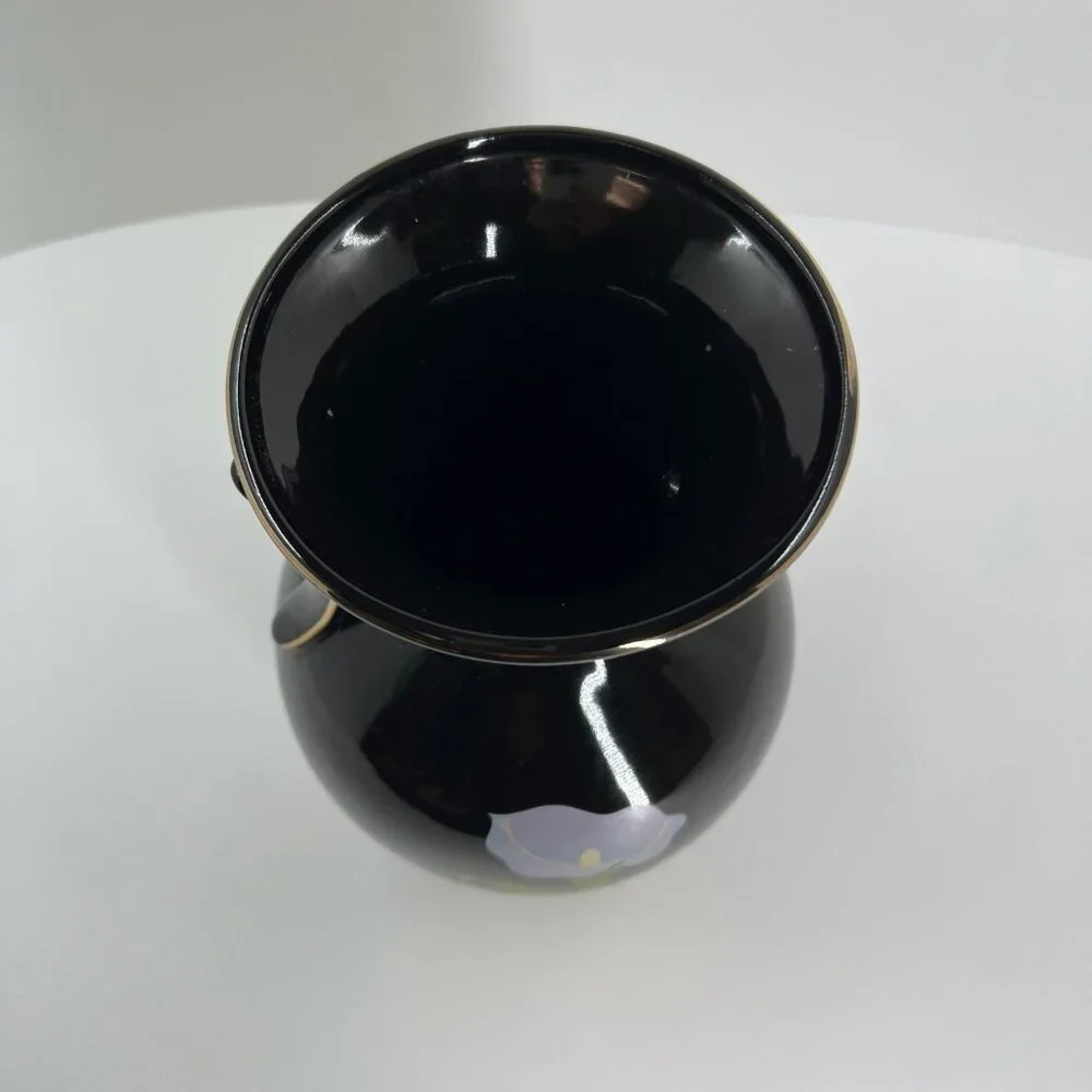 Vintage Japanese Black Floral Vase Calla Lily Vase Gold Trim Dual Handle Decor